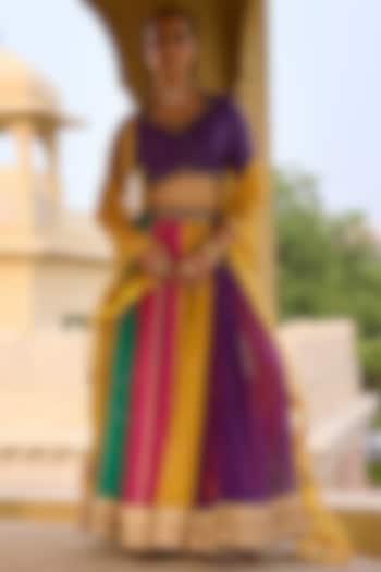 Multi-Colored Chanderi Mal Block Printed & Dabka Embroidered Wedding Lehenga Set by Vashisht Guru Dutt at Pernia's Pop Up Shop