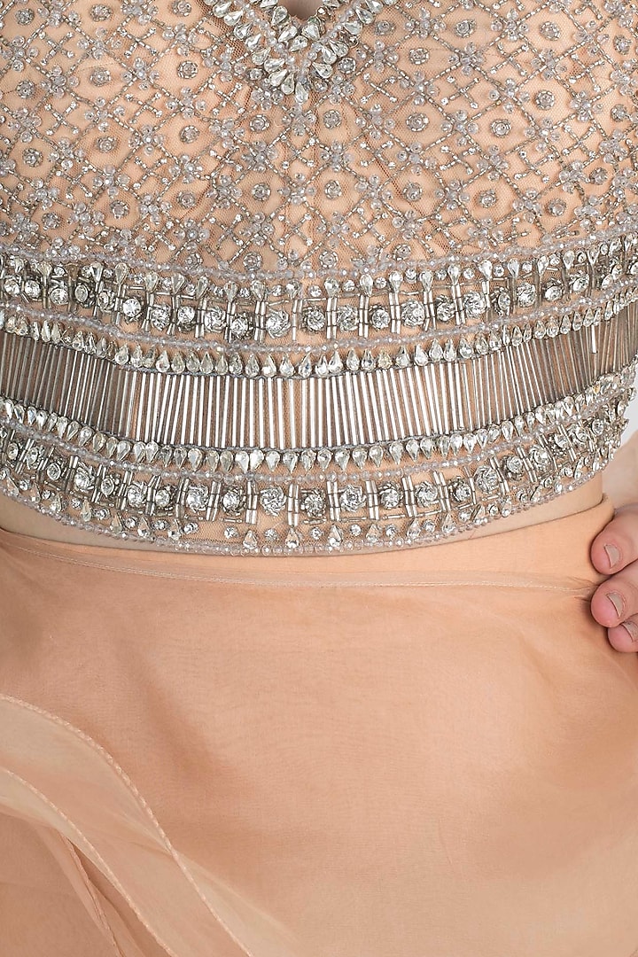 Nude embroidered ruffle skirt saree with blouse available only at Pernia's Pop Up Shop.