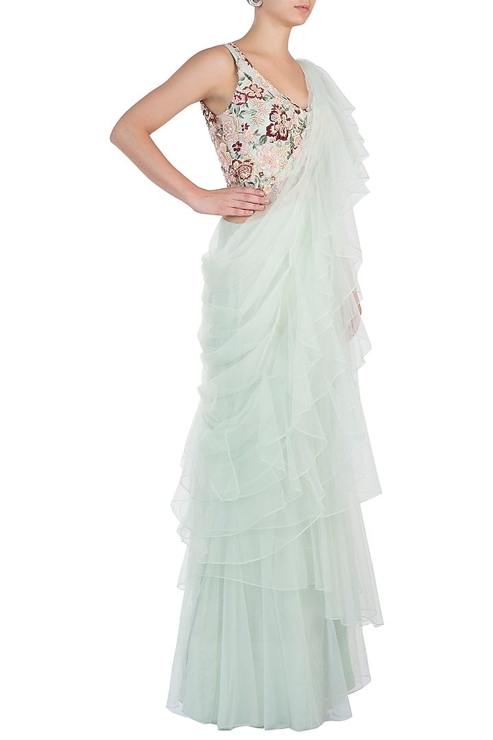 Pista green ruffle embroidered gown saree available only at Pernia's Pop Up Shop.
