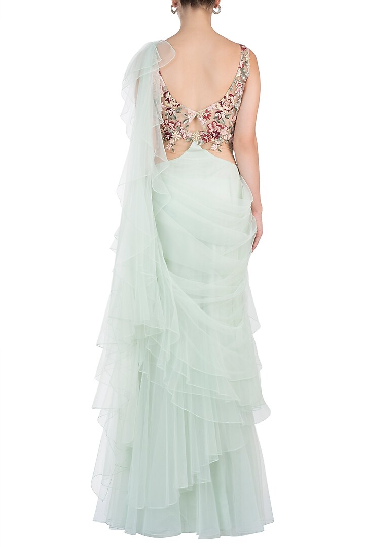 Pista green ruffle embroidered gown saree available only at Pernia's Pop Up Shop.