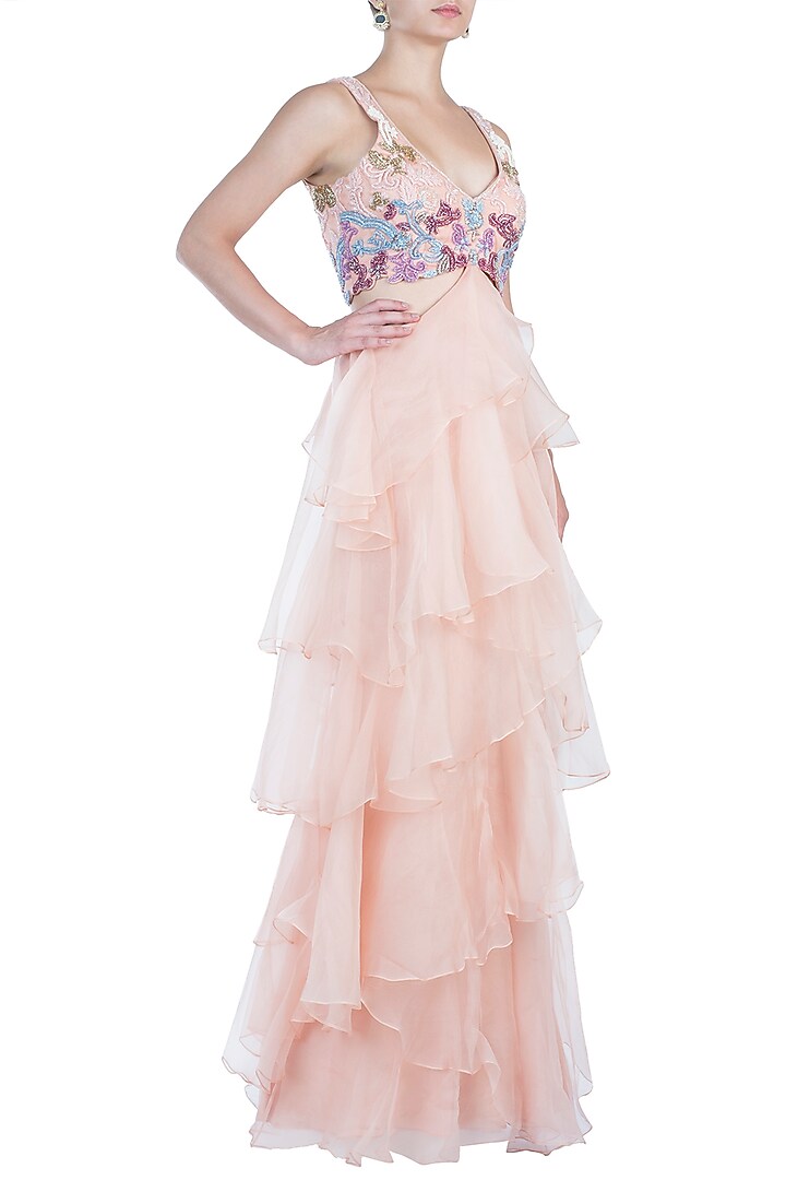 Peach embroidered ruffle gown available only at Pernia's Pop Up Shop.