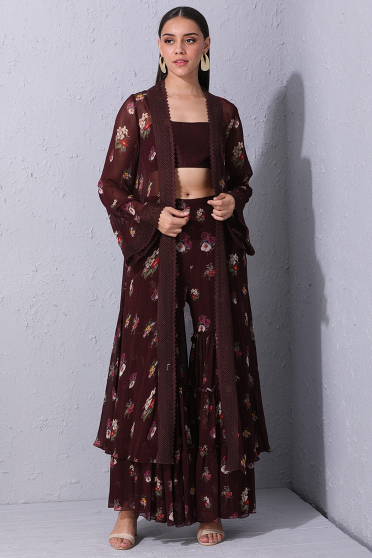 Wine Floral Printed Overlay Jacket Set by Varun Bahl Pret at Pernia's Pop Up Shop