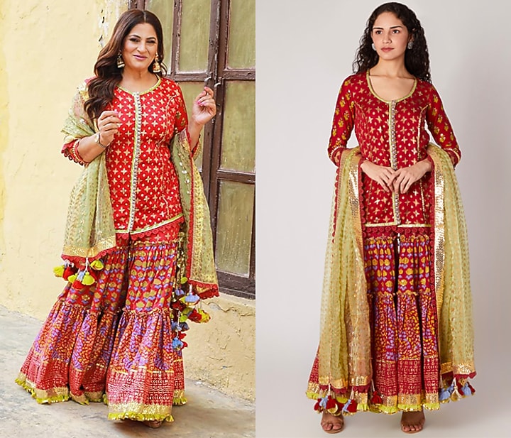 Red Printed Party Wear Sharara Set by Maayera Jaipur at Pernia's Pop Up Shop
