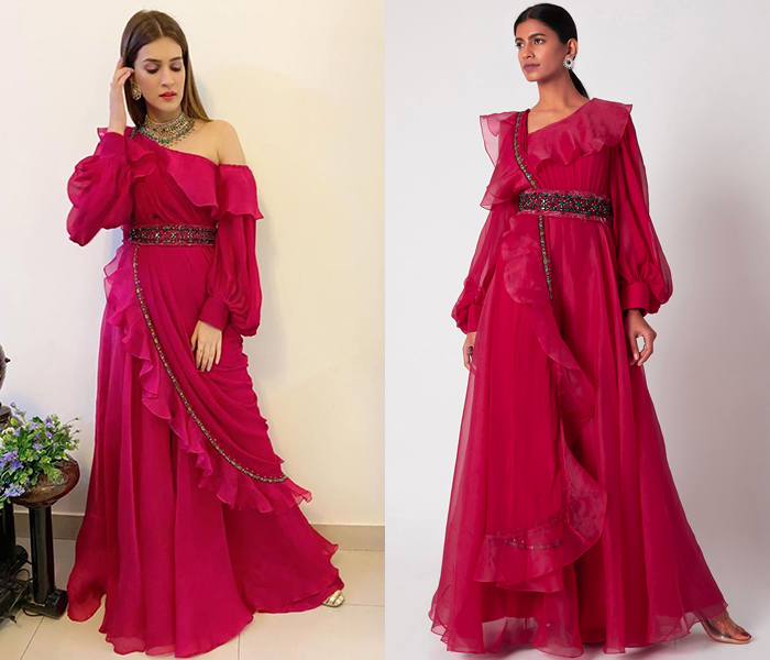 Fuchsia Jumpsuit With Ruffled Dupatta & Belt by Ridhi Mehra