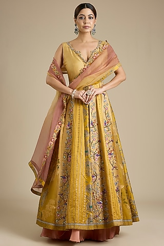 Lemon Yellow Silk Embroidered Lehenga Set by aum ashima & asit