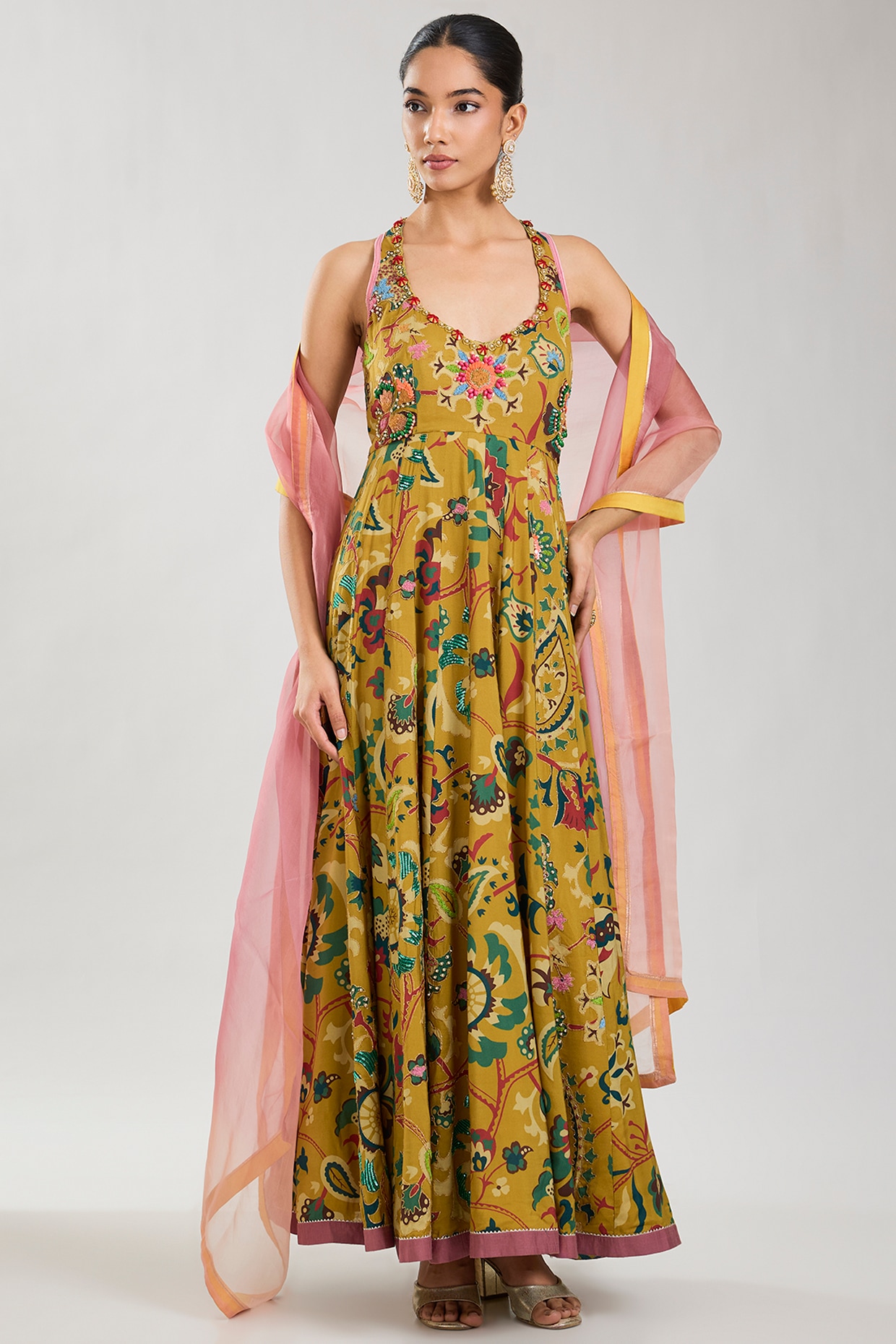 aum ashima & asit Mustard Silk Printed Anarkali Set