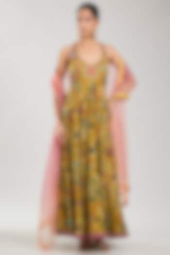 Mustard Silk Printed Wedding Anarkali Set by aum ashima & asit at Pernia's Pop Up Shop