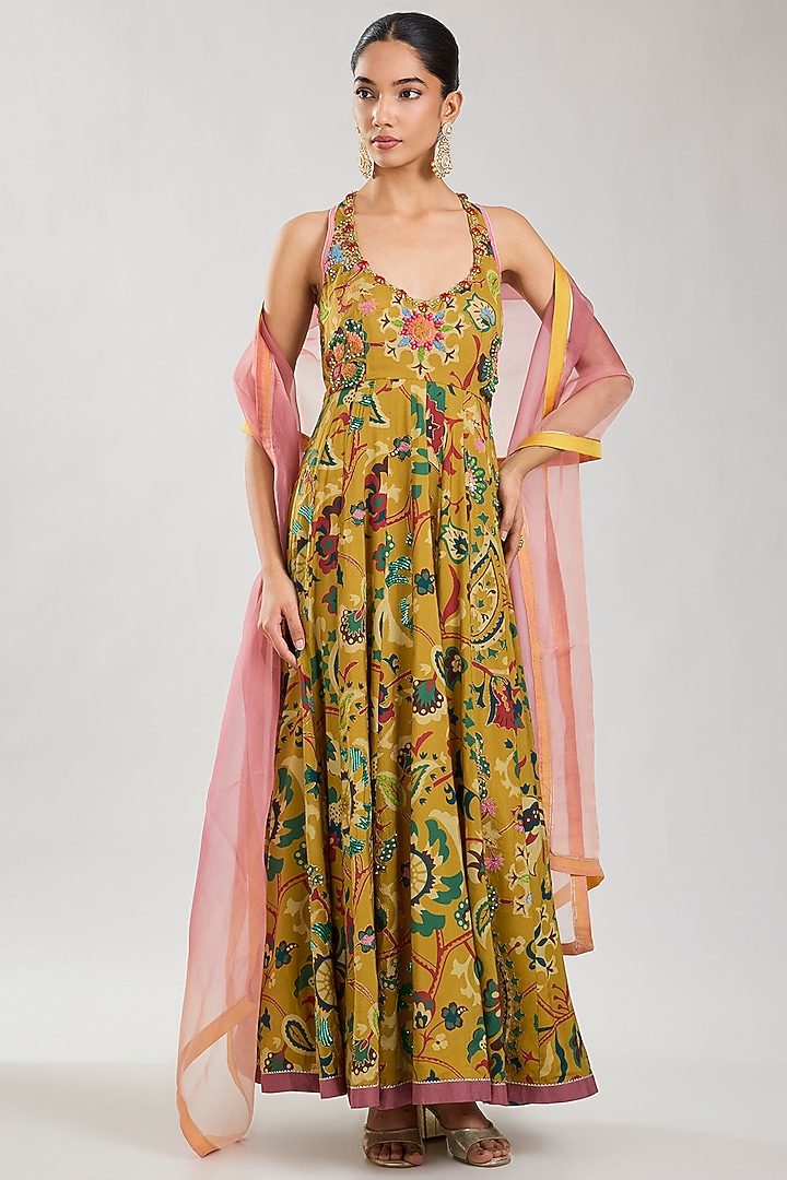 Mustard Silk Printed Wedding Anarkali Set by aum ashima & asit at Pernia's Pop Up Shop
