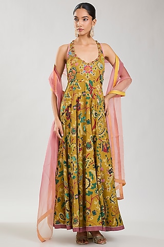 Mustard Silk Printed Anarkali Set by aum ashima & asit