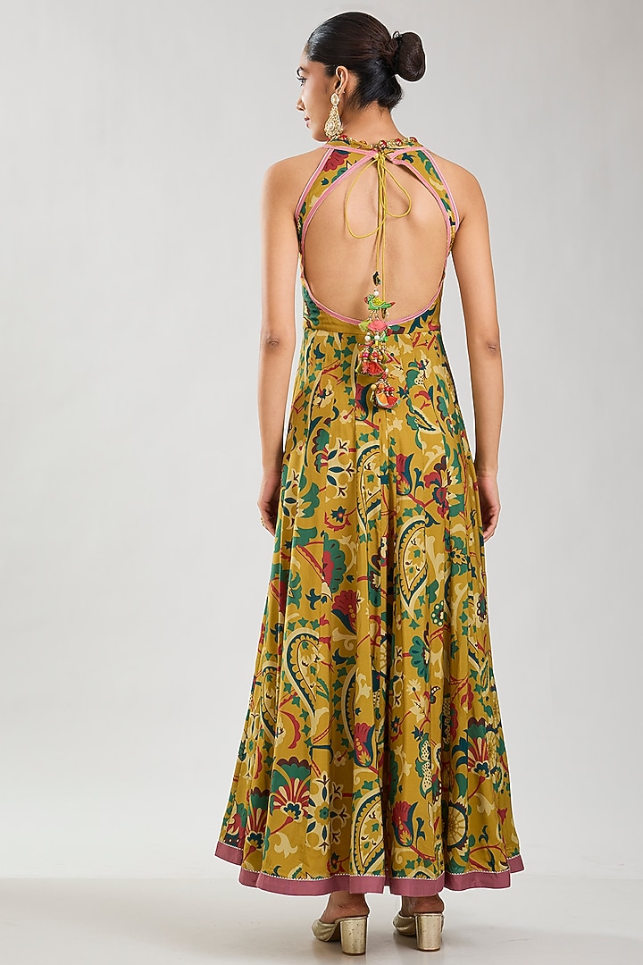 Mustard Silk Printed Wedding Anarkali Set by aum ashima & asit at Pernia's Pop Up Shop