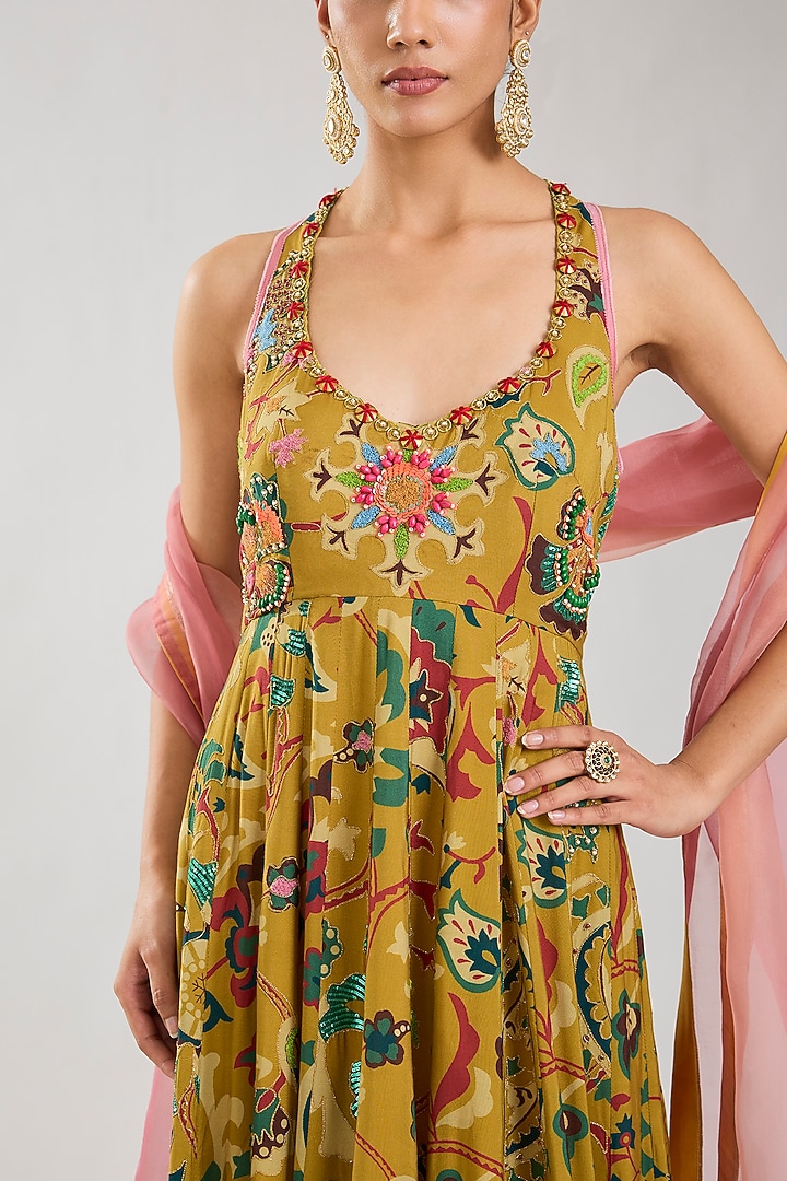 Mustard Silk Printed Wedding Anarkali Set by aum ashima & asit at Pernia's Pop Up Shop