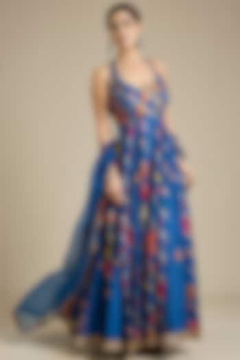 Blue Silk Embroidered Wedding Anarkali Set by aum ashima & asit at Pernia's Pop Up Shop