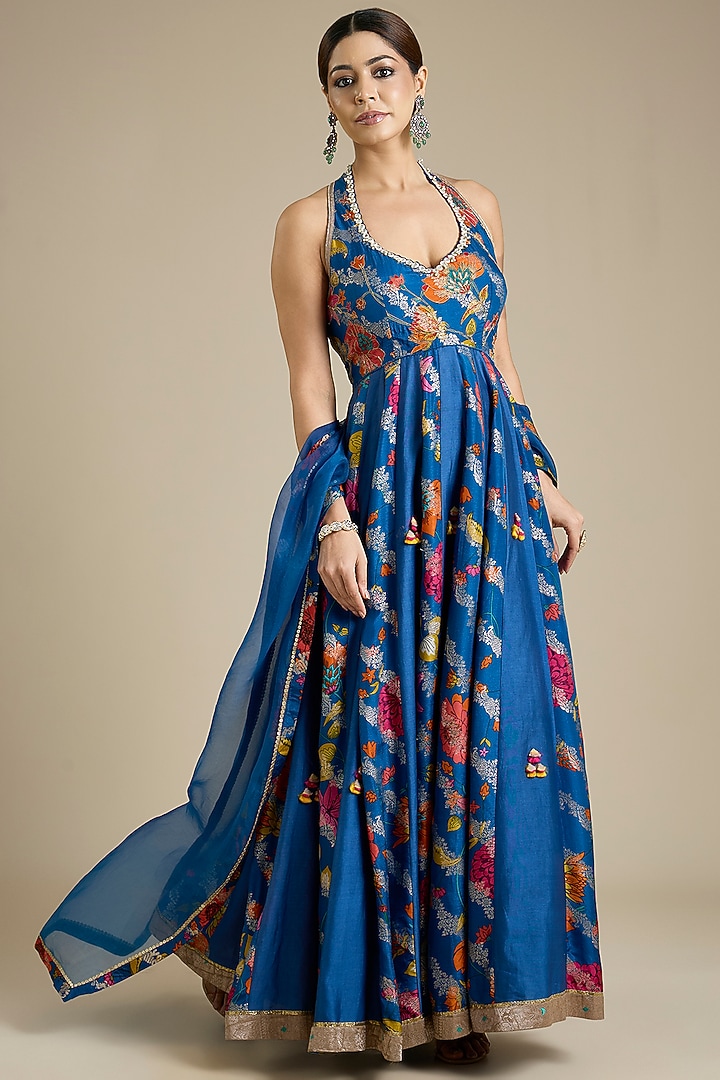 Blue Silk Embroidered Wedding Anarkali Set by aum ashima & asit at Pernia's Pop Up Shop