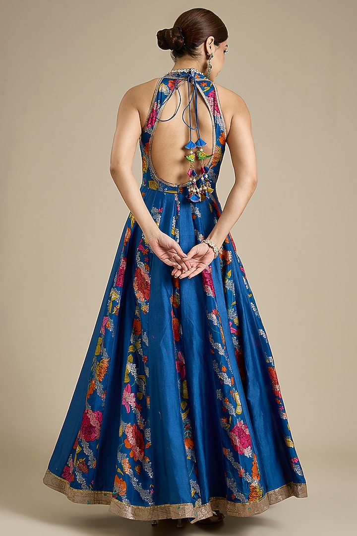 Blue Silk Embroidered Wedding Anarkali Set by aum ashima & asit at Pernia's Pop Up Shop