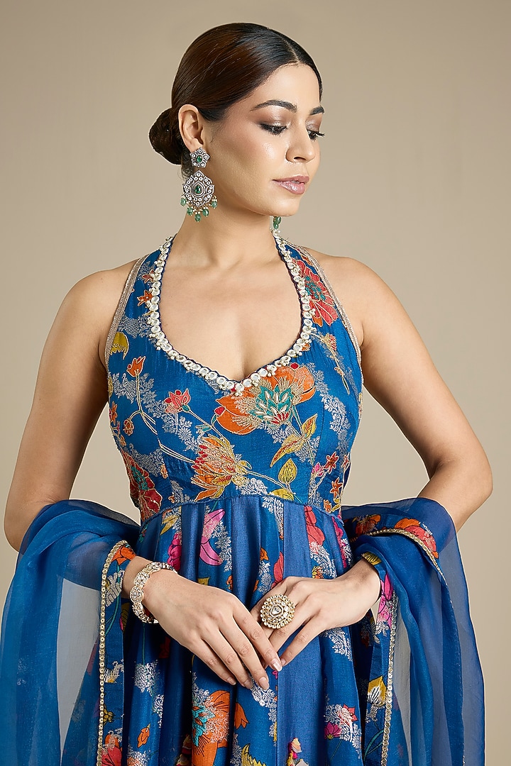 Blue Silk Embroidered Wedding Anarkali Set by aum ashima & asit at Pernia's Pop Up Shop