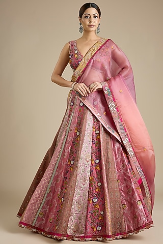 Pink Silk & Brocade Embroidered Lehenga Set by aum ashima & asit