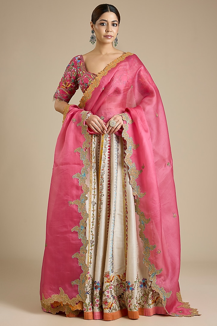 Ivory Silk Embroidered Bridal Lehenga Set by aum ashima & asit at Pernia's Pop Up Shop