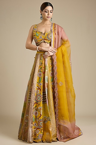 Yellow Silk & Brocade Embroidered Lehenga Set by aum ashima & asit