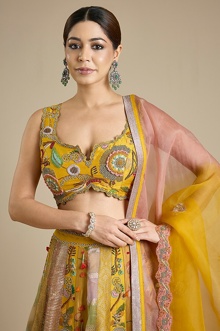 Yellow Silk & Brocade Embroidered Bridal Lehenga Set by aum ashima & asit at Pernia's Pop Up Shop