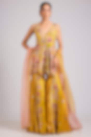 Yellow Silk Embroidered Bridal Sharara Set by aum ashima & asit at Pernia's Pop Up Shop