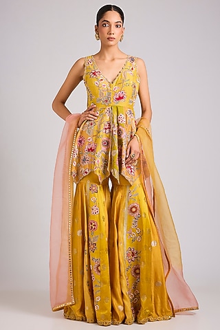 Yellow Silk Embroidered Sharara Set by aum ashima & asit