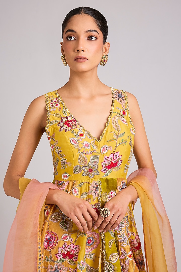 Yellow Silk Embroidered Bridal Sharara Set by aum ashima & asit at Pernia's Pop Up Shop