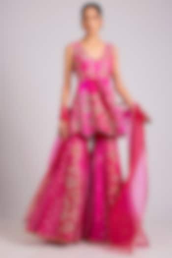Fuschia Silk Embroidered Bridal Sharara Set by aum ashima & asit at Pernia's Pop Up Shop