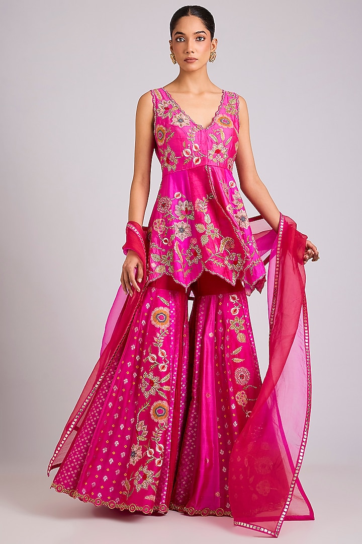 Fuschia Silk Embroidered Bridal Sharara Set by aum ashima & asit at Pernia's Pop Up Shop
