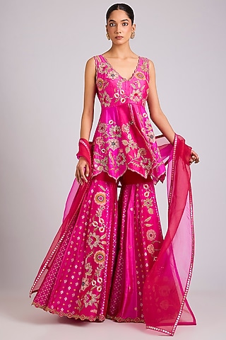Fuschia Silk Embroidered Sharara Set by aum ashima & asit