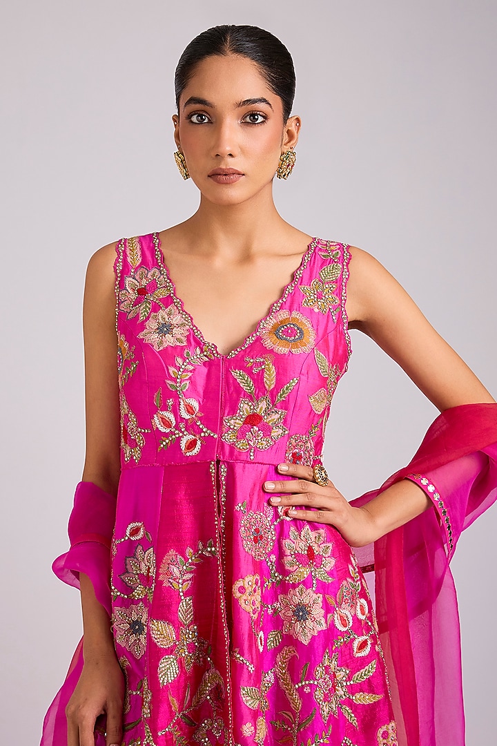 Fuschia Silk Embroidered Bridal Sharara Set by aum ashima & asit at Pernia's Pop Up Shop