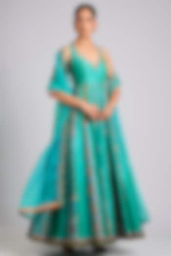 Aqua Silk Embellished Bridal Anarkali Set by aum ashima & asit at Pernia's Pop Up Shop