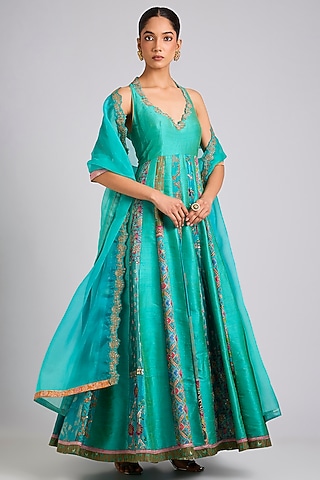 Aqua Silk Embellished Anarkali Set by aum ashima & asit