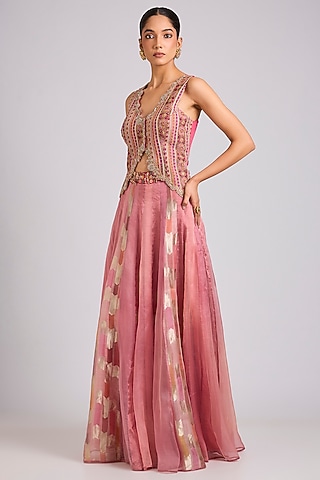 Pink Silk Embellished Skirt Set by aum ashima & asit