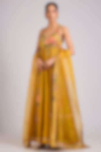 Mustard Silk Embellished Wedding Anarkali Set by aum ashima & asit at Pernia's Pop Up Shop