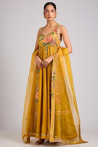 Mustard Silk Embellished Anarkali Set by aum ashima & asit