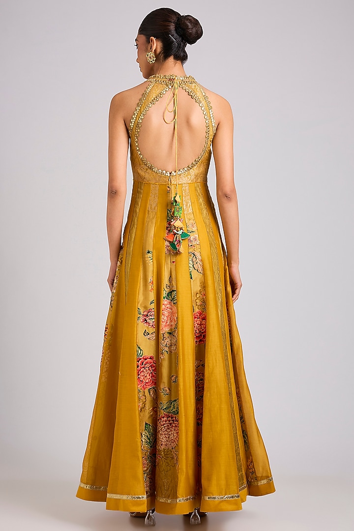 Mustard Silk Embellished Wedding Anarkali Set by aum ashima & asit at Pernia's Pop Up Shop