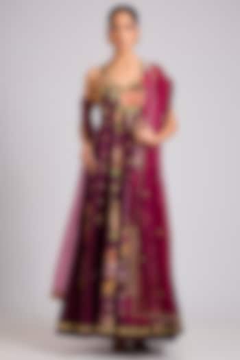 Wine Silk Embellished Wedding Anarkali Set by aum ashima & asit at Pernia's Pop Up Shop