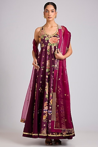 Wine Silk Embellished Anarkali Set by aum ashima & asit