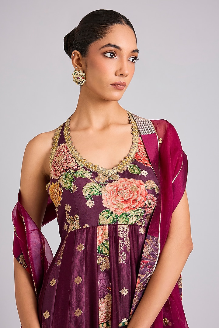 Wine Silk Embellished Wedding Anarkali Set by aum ashima & asit at Pernia's Pop Up Shop