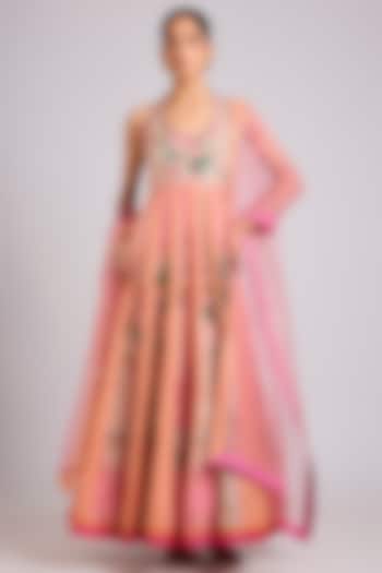 Peach Silk Embellished Wedding Anarkali Set by aum ashima & asit at Pernia's Pop Up Shop