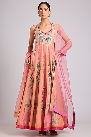 Peach Silk Embellished Anarkali Set by aum ashima & asit