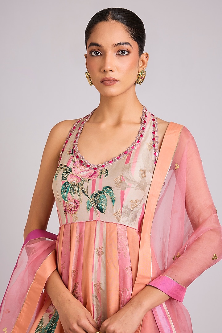 Peach Silk Embellished Wedding Anarkali Set by aum ashima & asit at Pernia's Pop Up Shop