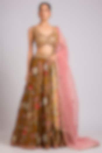 Mustard Silk Embellished Bridal Lehenga Set by aum ashima & asit at Pernia's Pop Up Shop