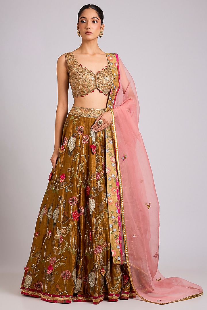 Mustard Silk Embellished Bridal Lehenga Set by aum ashima & asit at Pernia's Pop Up Shop