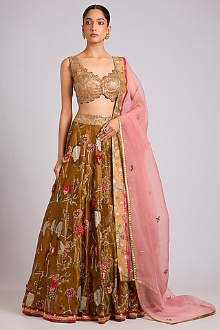 Mustard Silk Embellished Lehenga Set by aum ashima & asit
