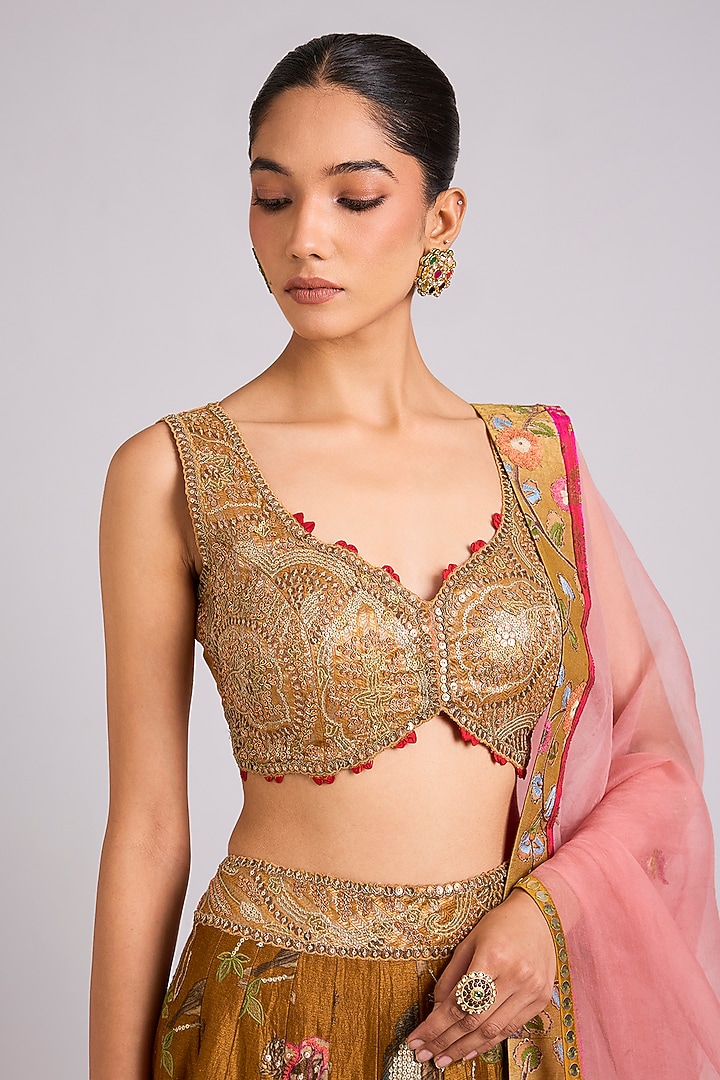 Mustard Silk Embellished Bridal Lehenga Set by aum ashima & asit at Pernia's Pop Up Shop