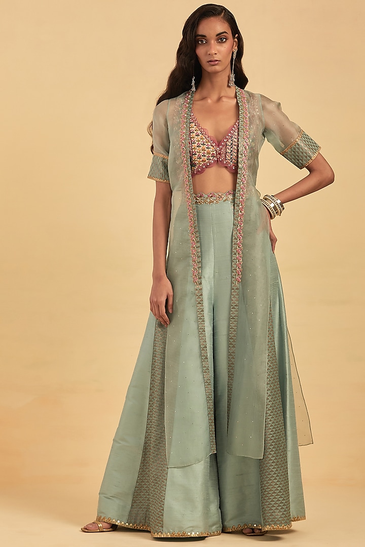 Sage Green Organza Embroidered Cape Set by aum ashima & asit