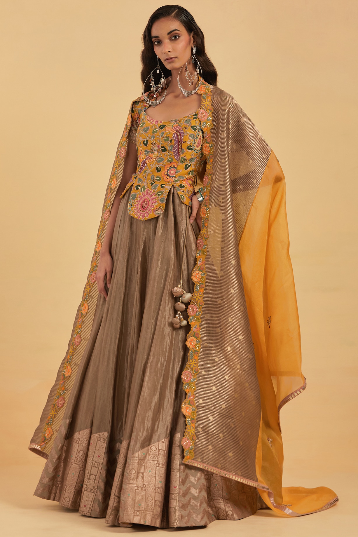 Bronze Organza Tissue Lehenga Set Design by aum ashima & asit at Pernia