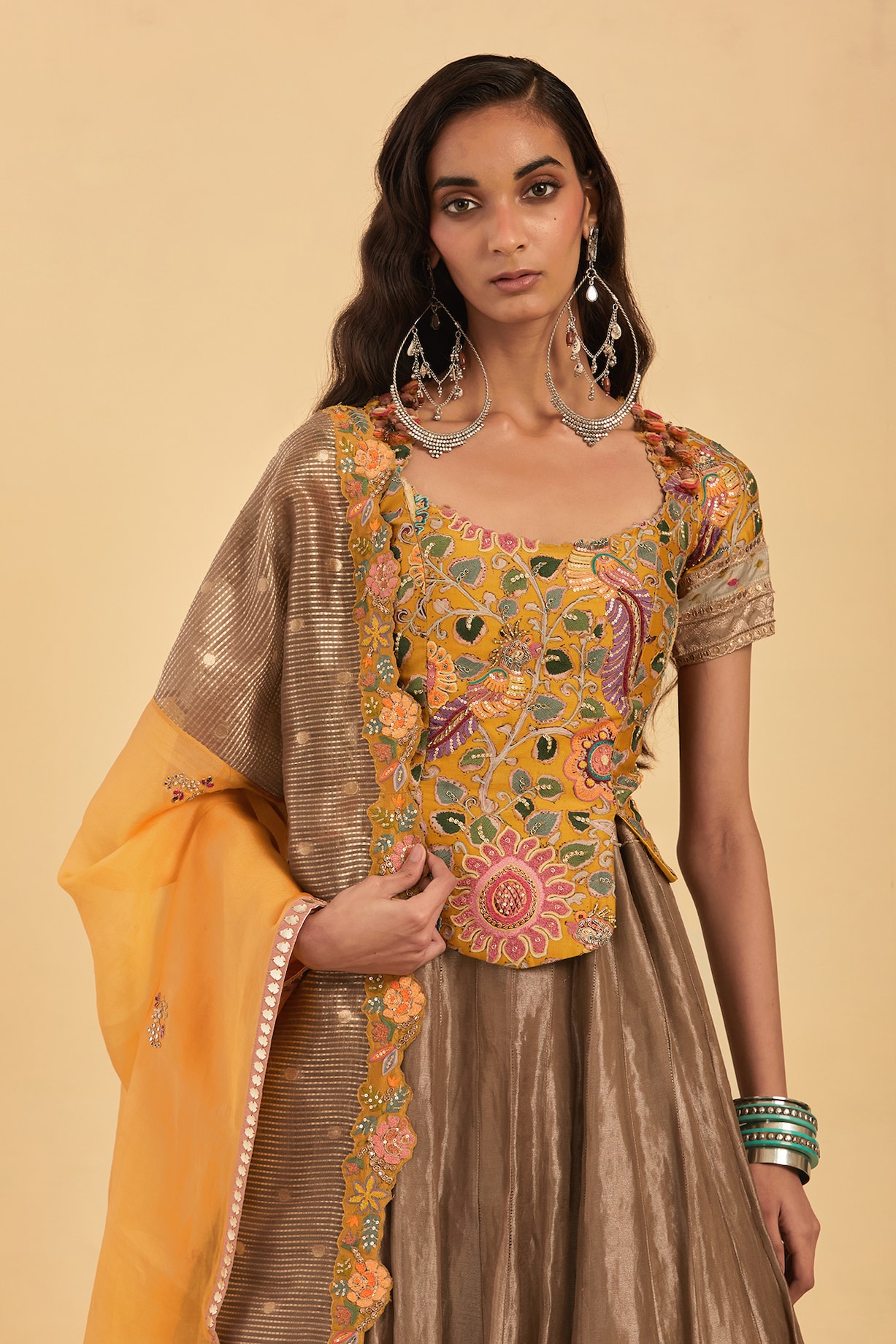 Bronze Organza Tissue Lehenga Set Design by aum ashima & asit at Pernia