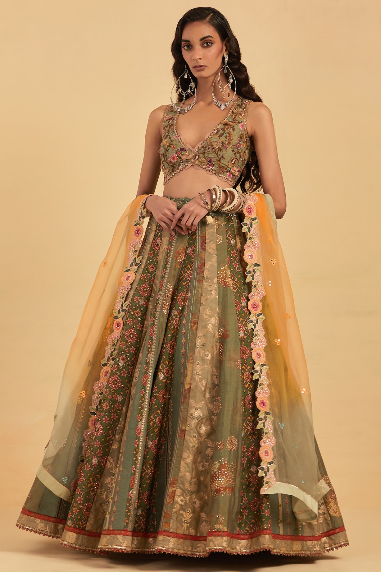 Green Silk Embroidered Lehenga Set Design by aum ashima & asit at